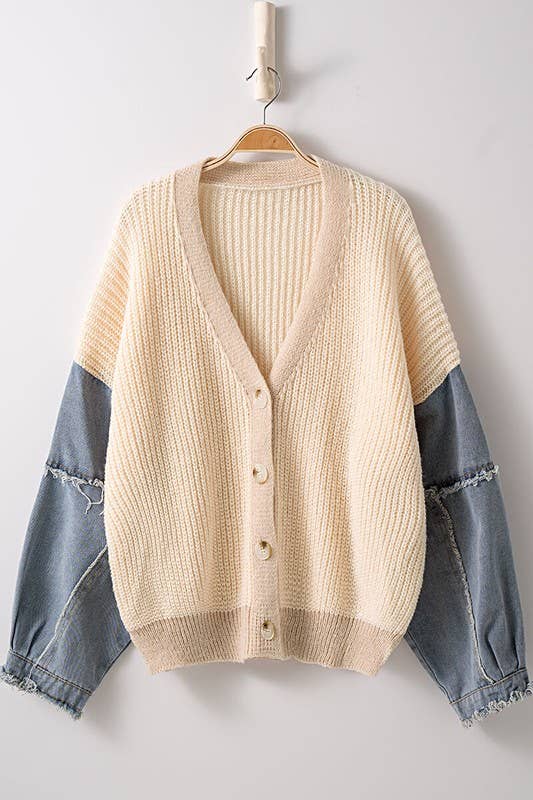 Ribbed Knit Contrast Denim Sleeve Western Statement Cardigan - The Graphic Tee