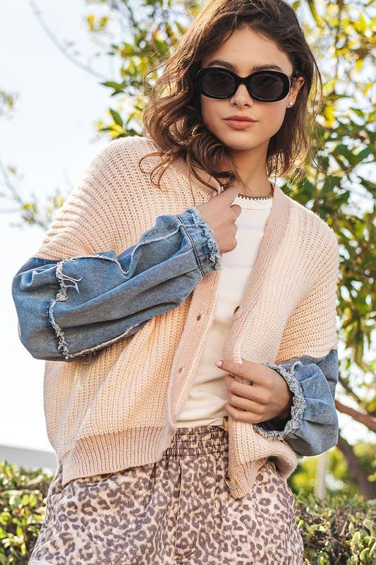 Ribbed Knit Contrast Denim Sleeve Western Statement Cardigan - The Graphic Tee