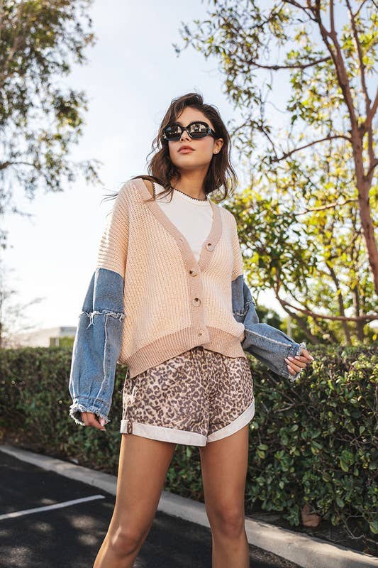 Ribbed Knit Contrast Denim Sleeve Western Statement Cardigan - The Graphic Tee