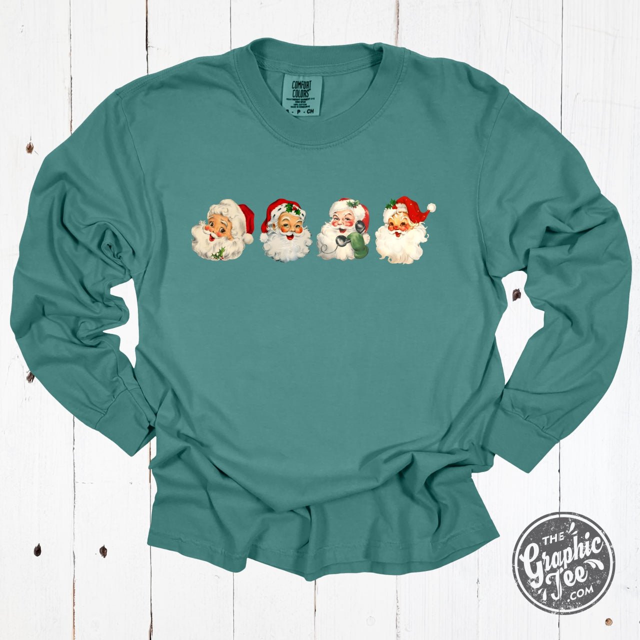 Santa Faces Blue Spruce Long Sleeve Tee - The Graphic Tee