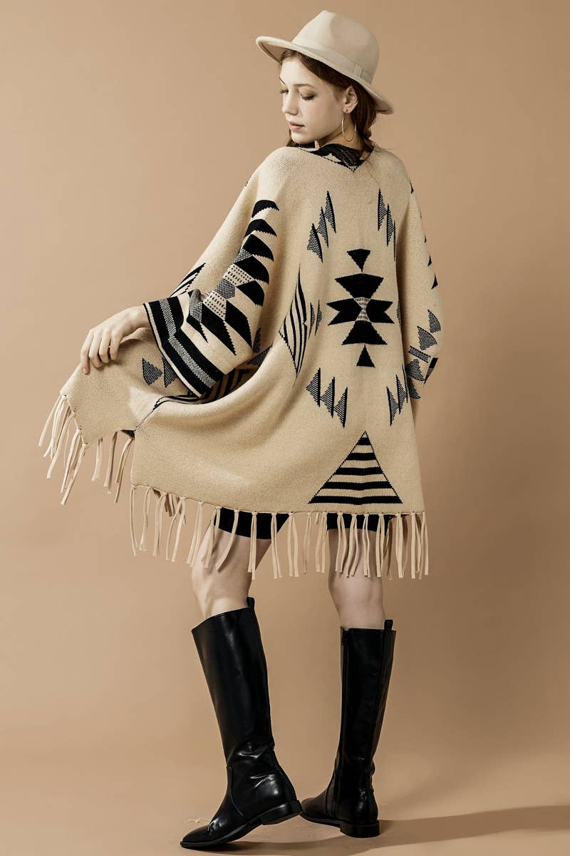 Savannah Aztec Fringed Ruana Poncho Sweater Cardigan - The Graphic Tee