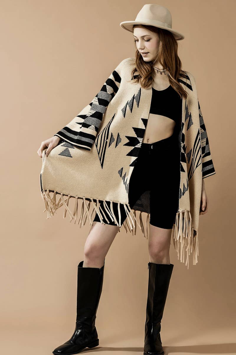 Savannah Aztec Fringed Ruana Poncho Sweater Cardigan - The Graphic Tee
