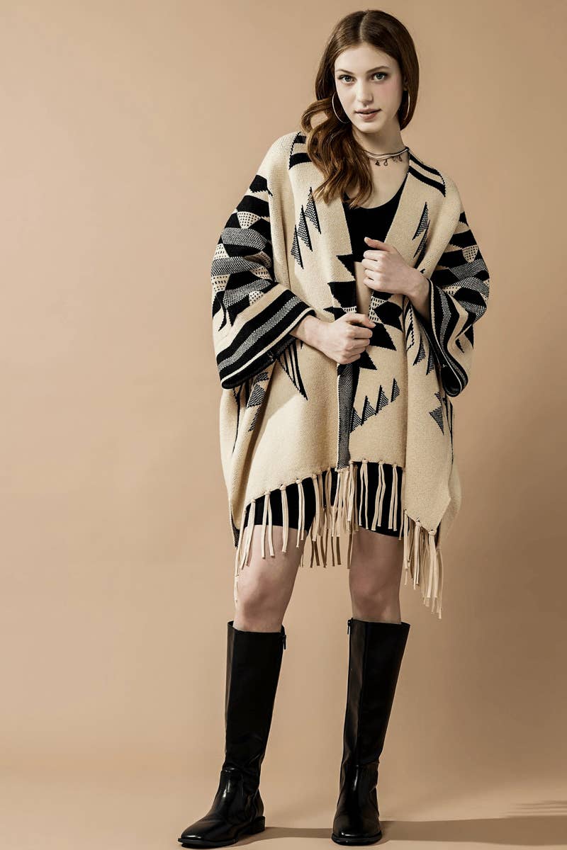 Savannah Aztec Fringed Ruana Poncho Sweater Cardigan - The Graphic Tee