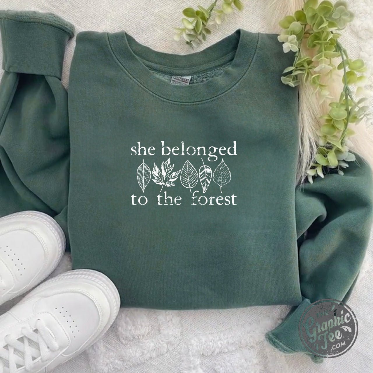She Belonged To The Forest Pigment Dyed Alpine Green Crewneck Sweatshirt - The Graphic Tee