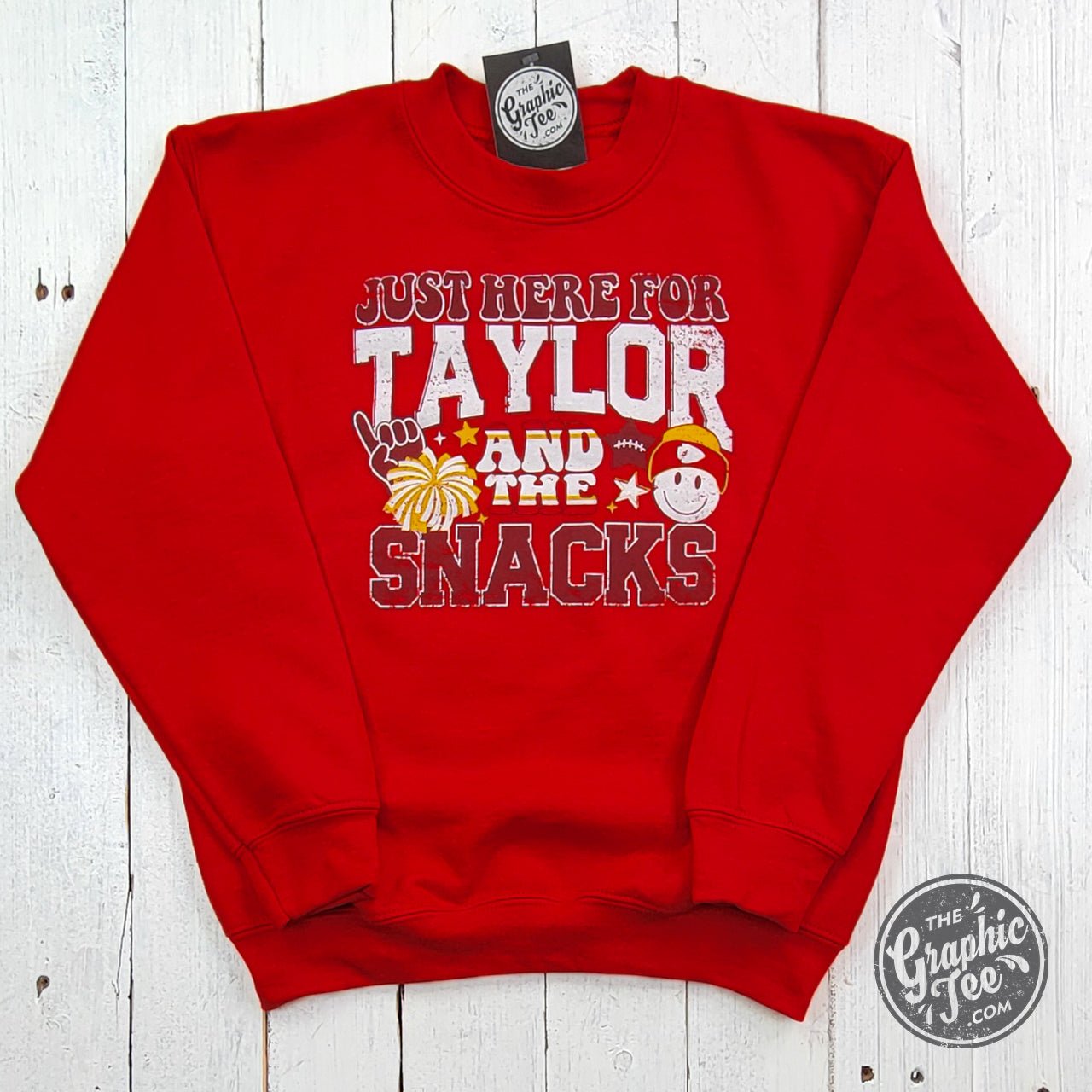 YOUTH Just here for Taylor and the Snacks Heather Sport Scarlet Crewneck Sweatshirt - The Graphic Tee