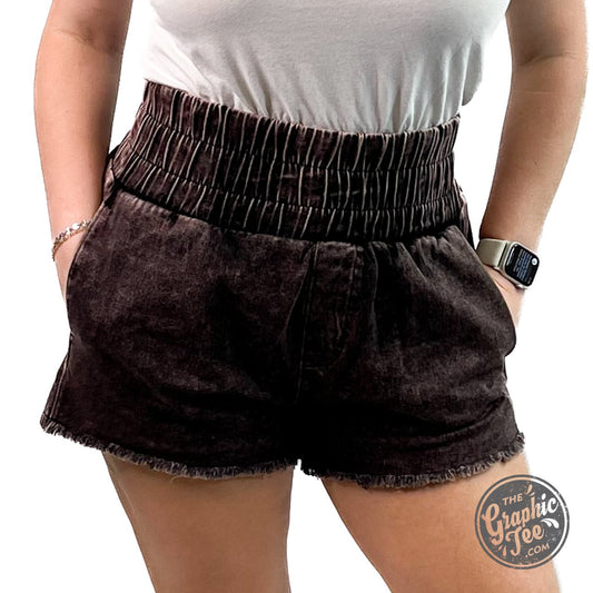 Brooklyn High-Waist Washed Twill Mini Shorts w/ Pockets - The Graphic Tee