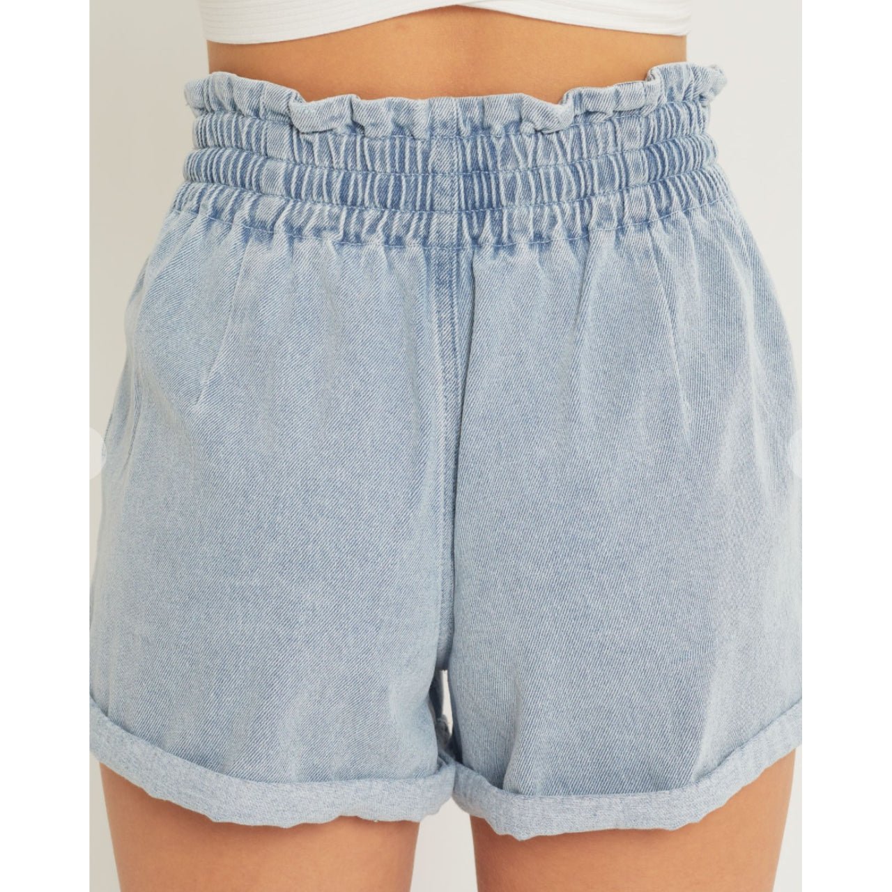 Carlie Denim Drawstring Rolled Hem Shorts With Paper Bag Waist - The Graphic Tee
