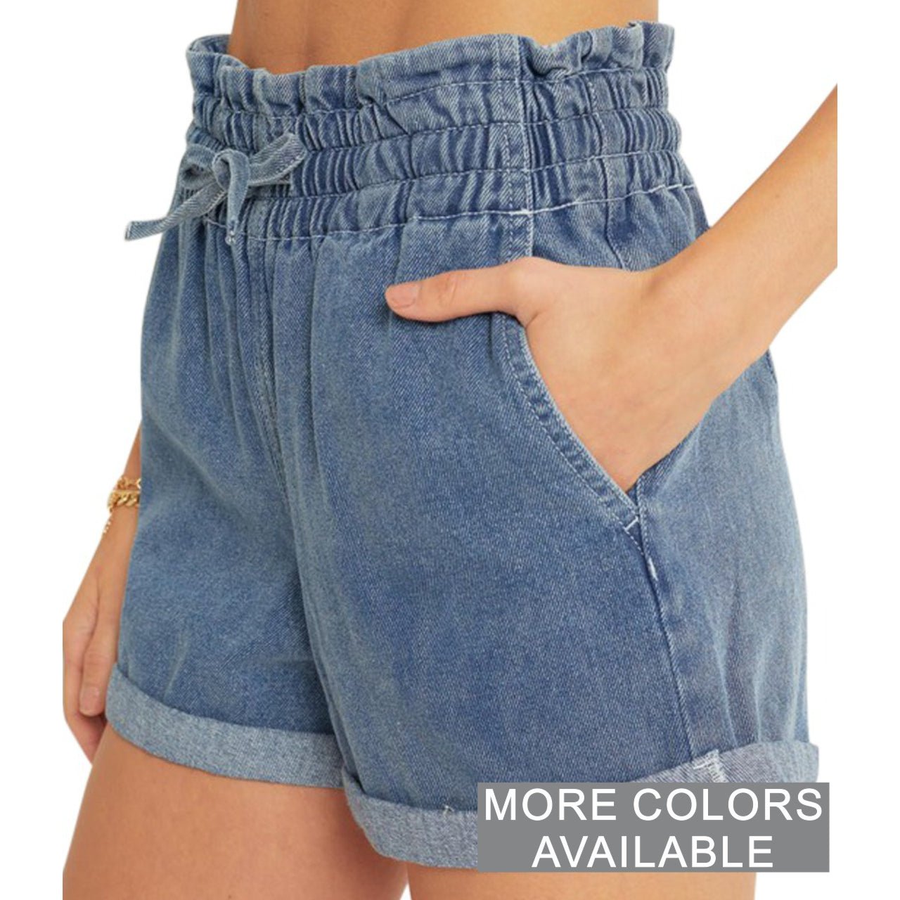 Carlie Denim Drawstring Rolled Hem Shorts With Paper Bag Waist - The Graphic Tee