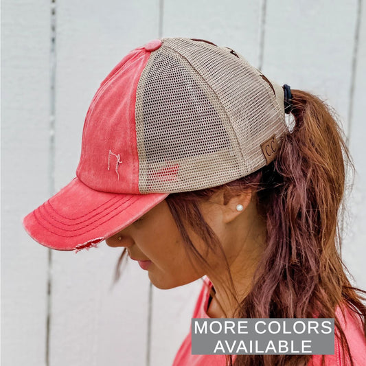 CC Washed Denim Criss Cross High Pony Ball Cap - The Graphic Tee