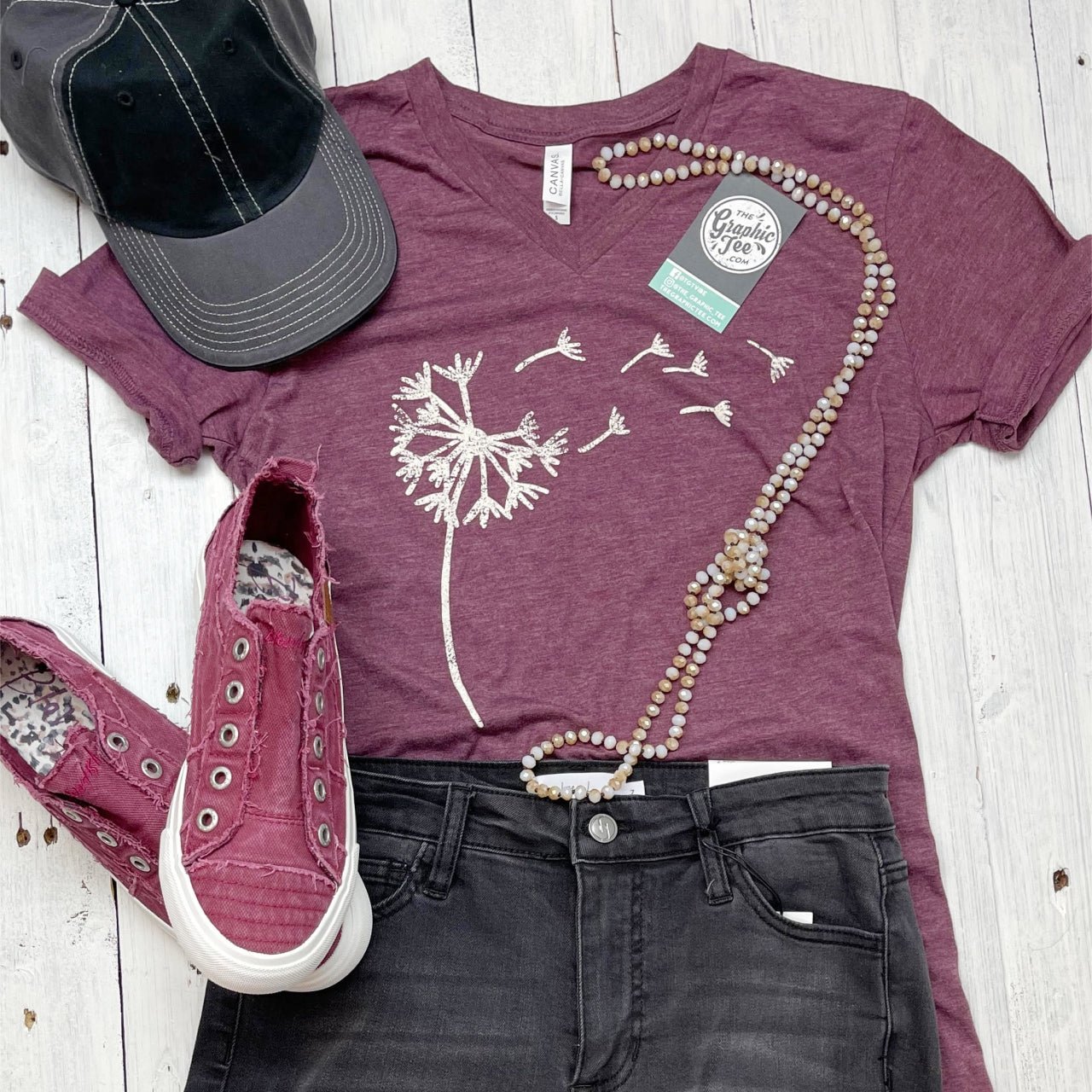 Dandelion Maroon Triblend V Neck Short Sleeve Tee - The Graphic Tee