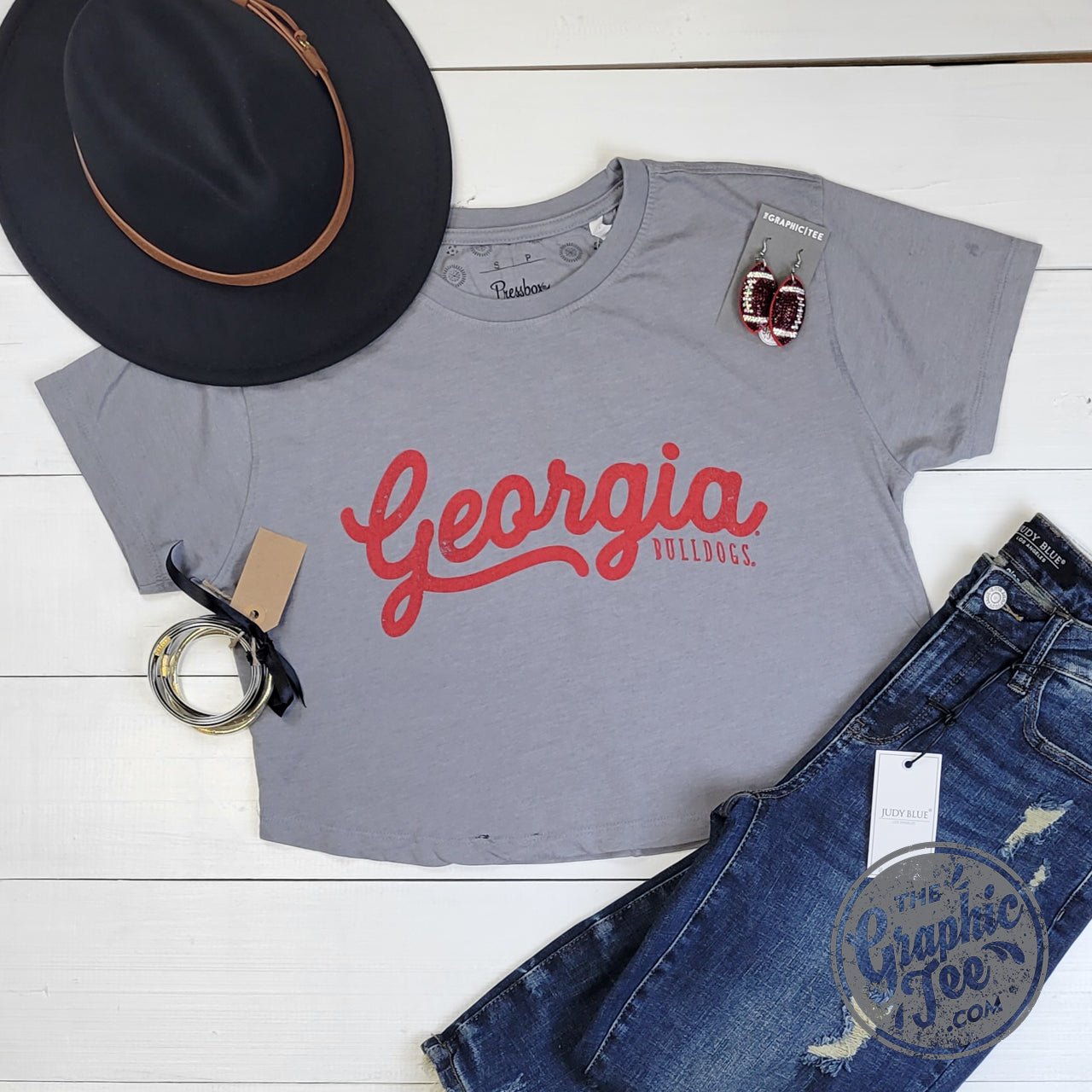 Georgia Short Sleeve Crewneck Vintage Waist Length Crop Top - The Graphic Tee