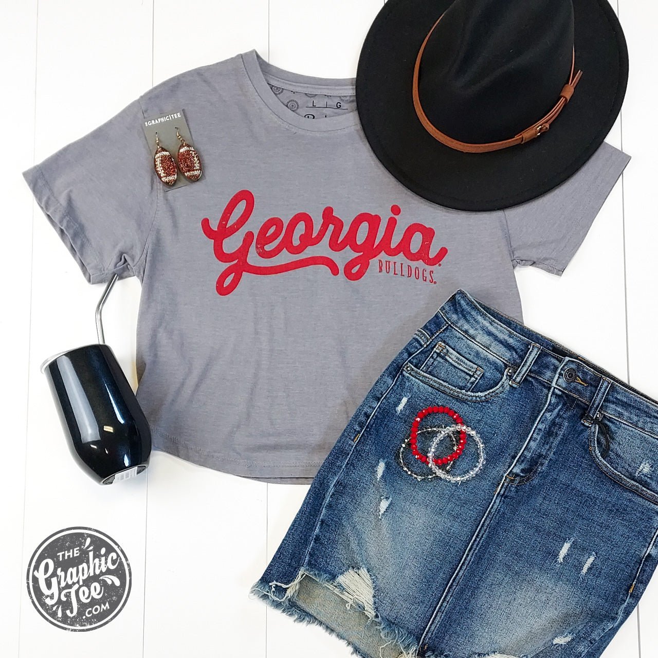 Georgia Short Sleeve Crewneck Vintage Waist Length Crop Top - The Graphic Tee