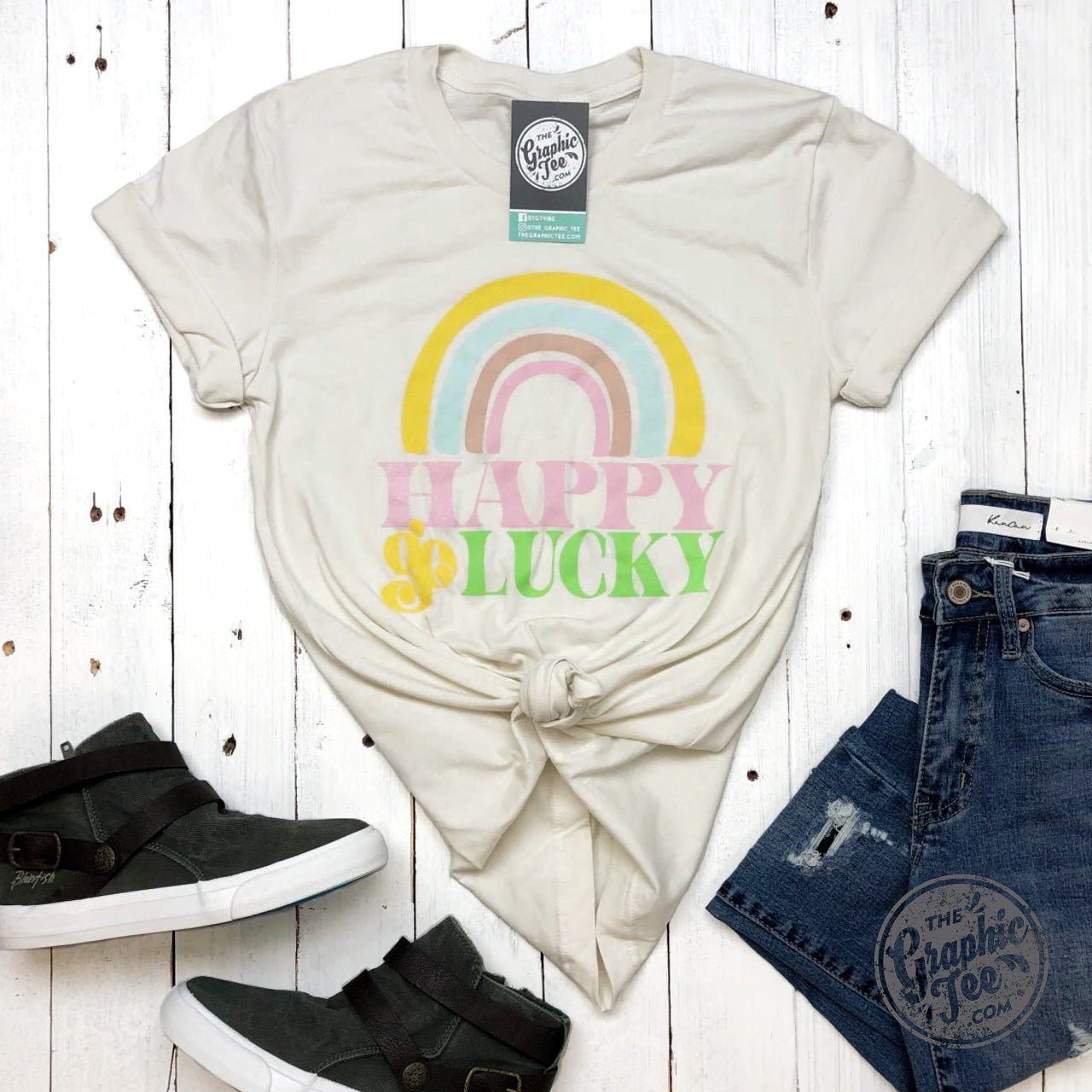 Happy Go Lucky Vintage White Crew Neck Graphic Tee - The Graphic Tee