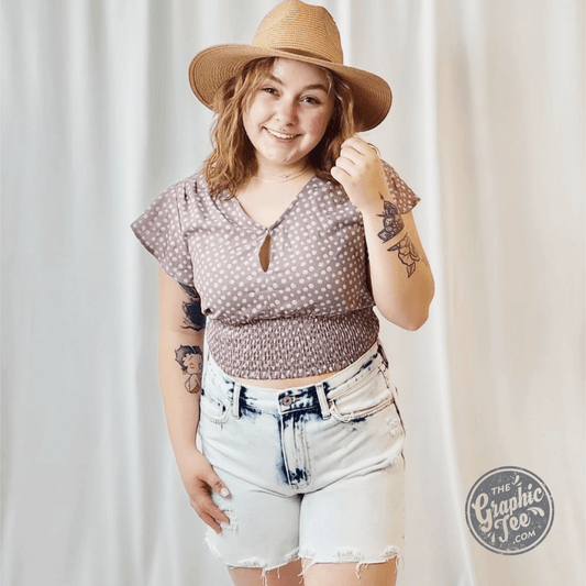 Harper Polka Dot Smocked Hem Flutter Sleeve Top - The Graphic Tee