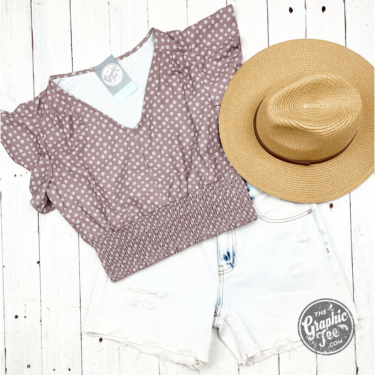Harper Polka Dot Smocked Hem Flutter Sleeve Top - The Graphic Tee