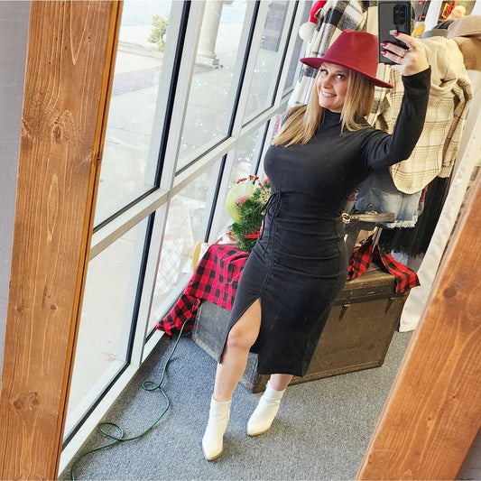 Hey Babe Mock Neck Long Sleeve Ruched Front Dress - The Graphic Tee