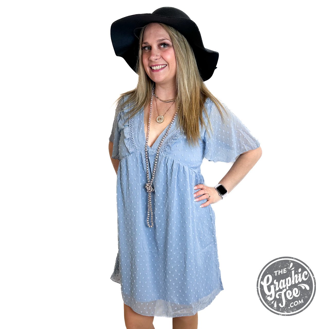 June Blue Dotted V Neck Dress - The Graphic Tee