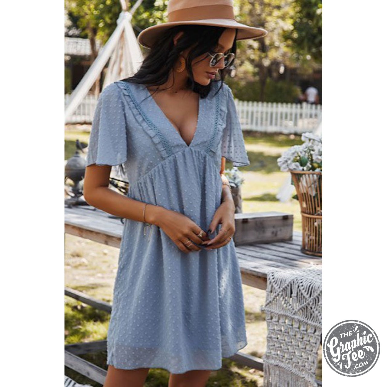 June Blue Dotted V Neck Dress - The Graphic Tee