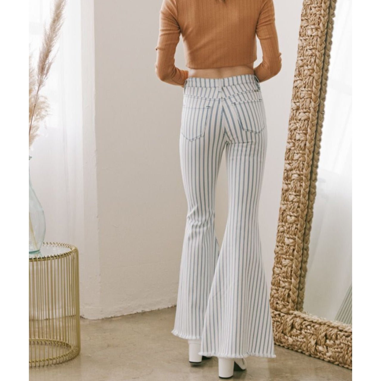 KanCan High Rise Super Flare Frayed Hem Pinstripe Pants - The Graphic Tee
