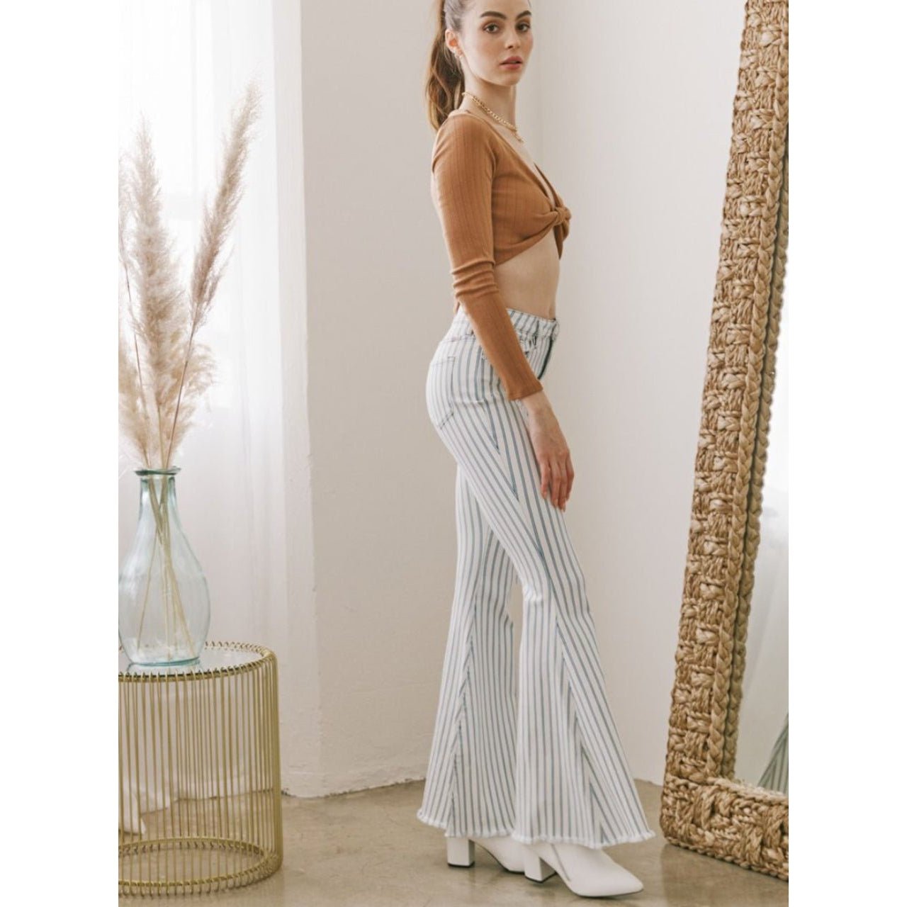 KanCan High Rise Super Flare Frayed Hem Pinstripe Pants - The Graphic Tee