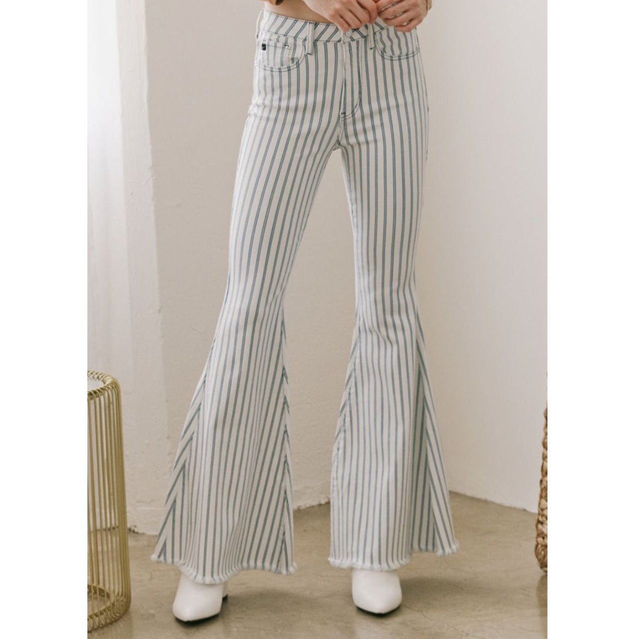 KanCan High Rise Super Flare Frayed Hem Pinstripe Pants - The Graphic Tee