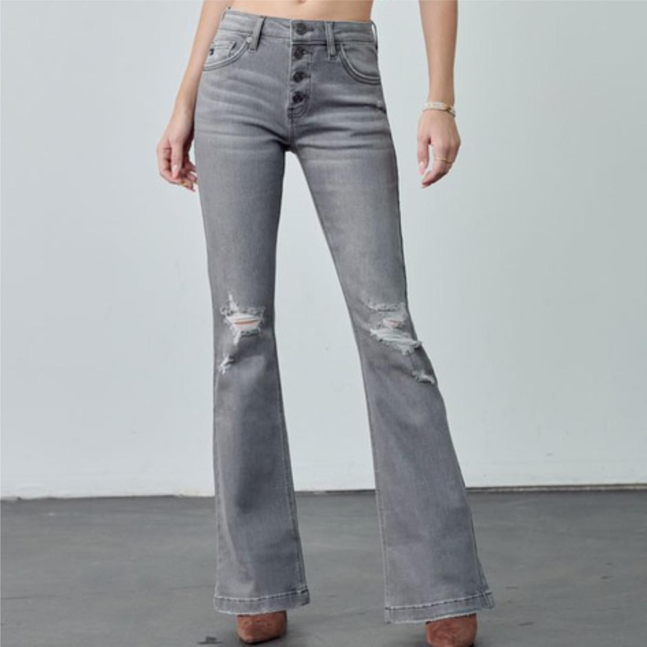 Kancan Mid Rise Button Up Grey Flare - The Graphic Tee