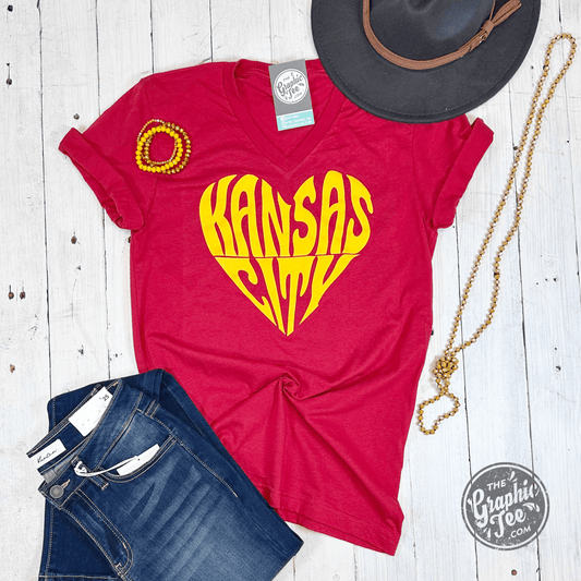 Kansas City Heart Red V Neck Unisex Short Sleeve Tee - The Graphic Tee