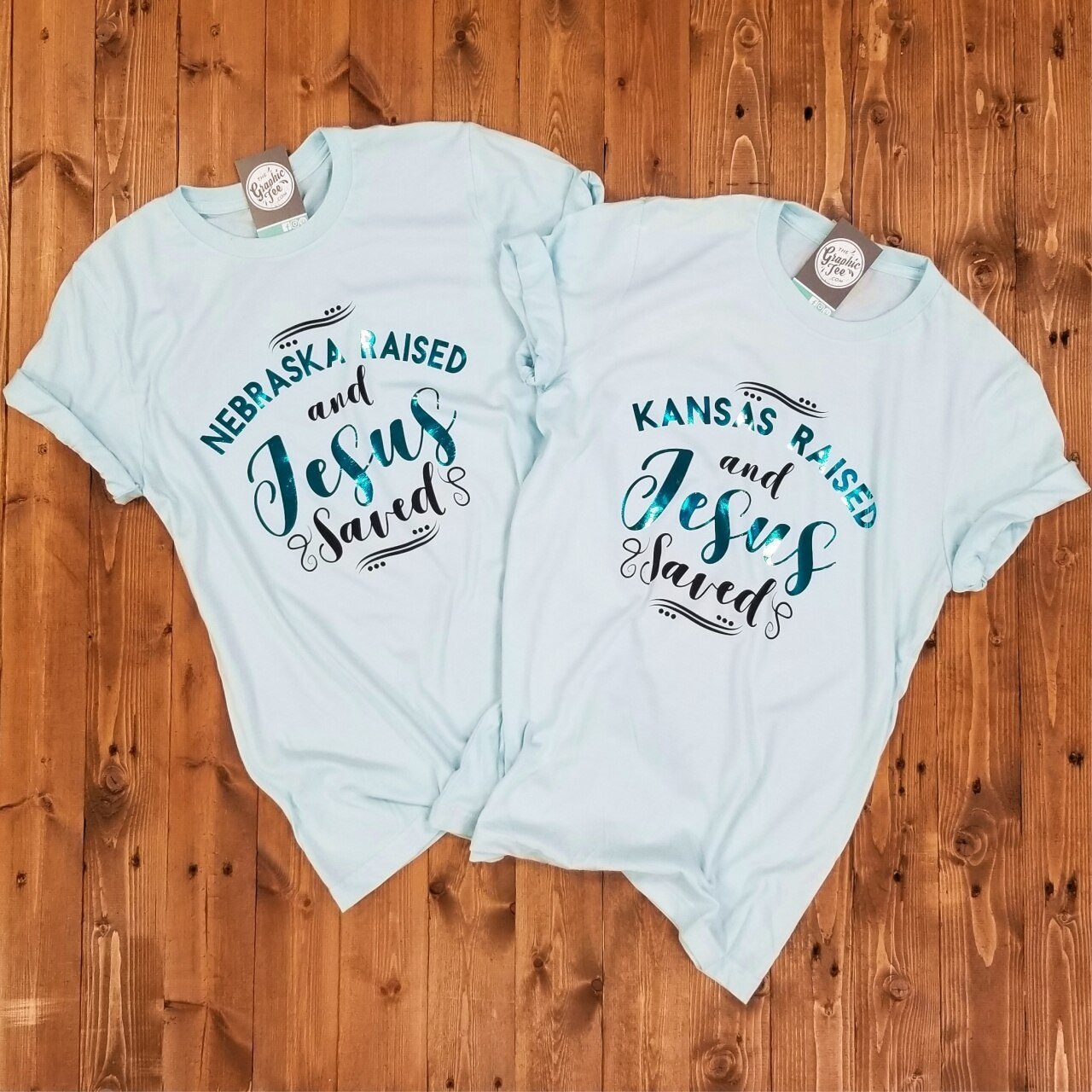 Kansas Raised Jesus Saved - Ice Blue Tee - The Graphic Tee