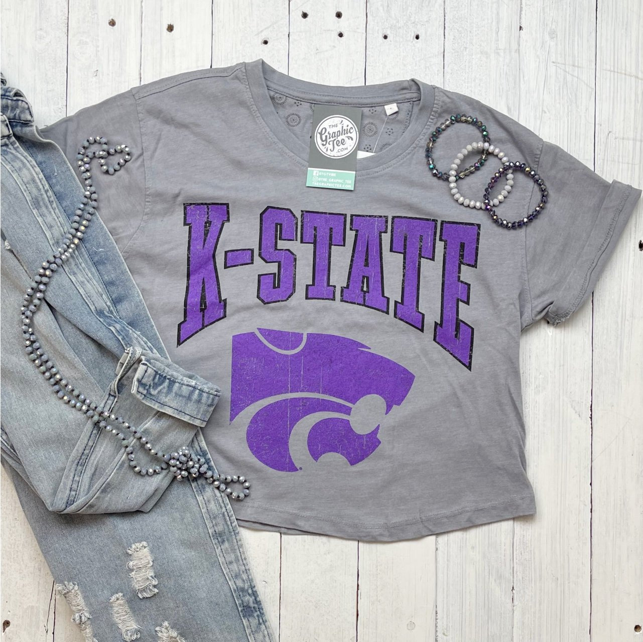 Kansas State Powercat Short Sleeve Crewneck Vintage Waist Length Crop Top - The Graphic Tee