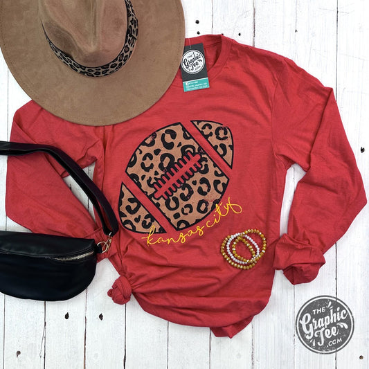 KC Leopard Football Heather Red Long Sleeve Tee - The Graphic Tee
