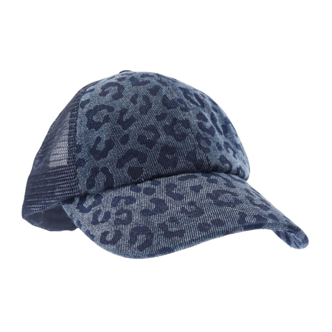 Leopard Denim Mesh Back Criss Cross High Pony C.C Ball Cap - The Graphic Tee