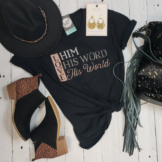 Love Him Love His Word Love His World V Neck Unisex Tee - The Graphic Tee
