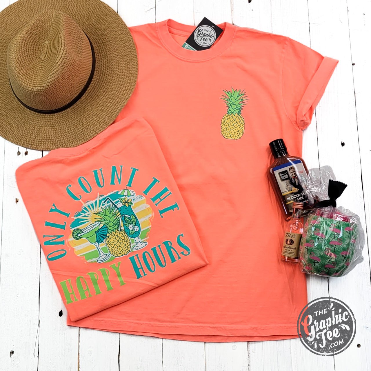 Only Count the Happy Hours Neon Comfort Colors Short Sleeve Crew Neck Tee - The Graphic Tee