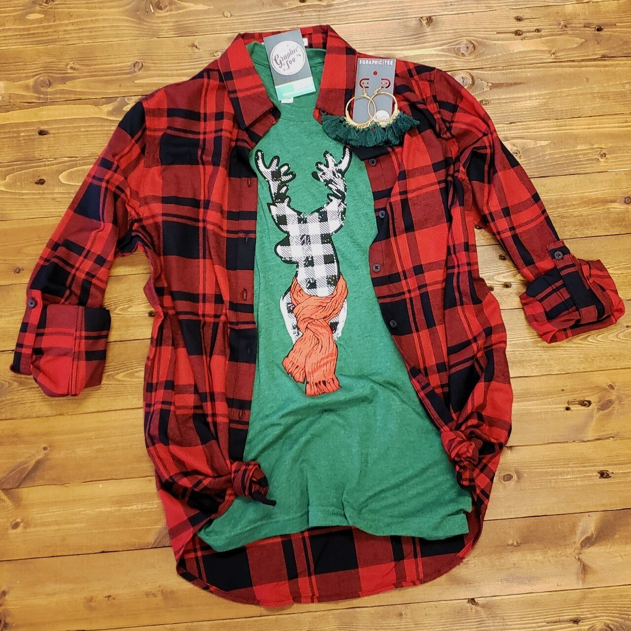Plaid Reindeer - Heather Grass Green Tee - The Graphic Tee