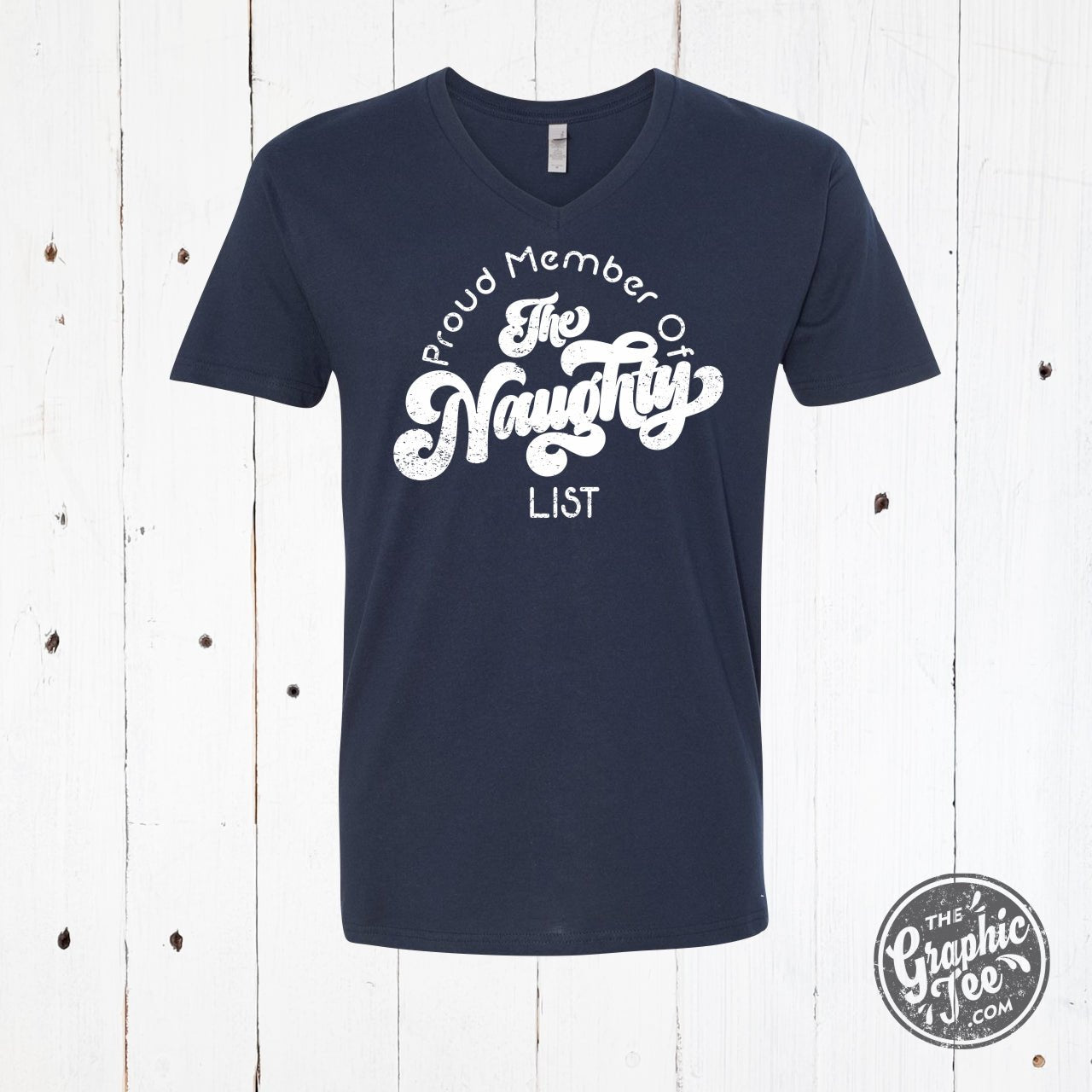 Proud Member of the Naughty List Midnight Navy V Neck Unisex Short Sleeve Graphic Tee - The Graphic Tee