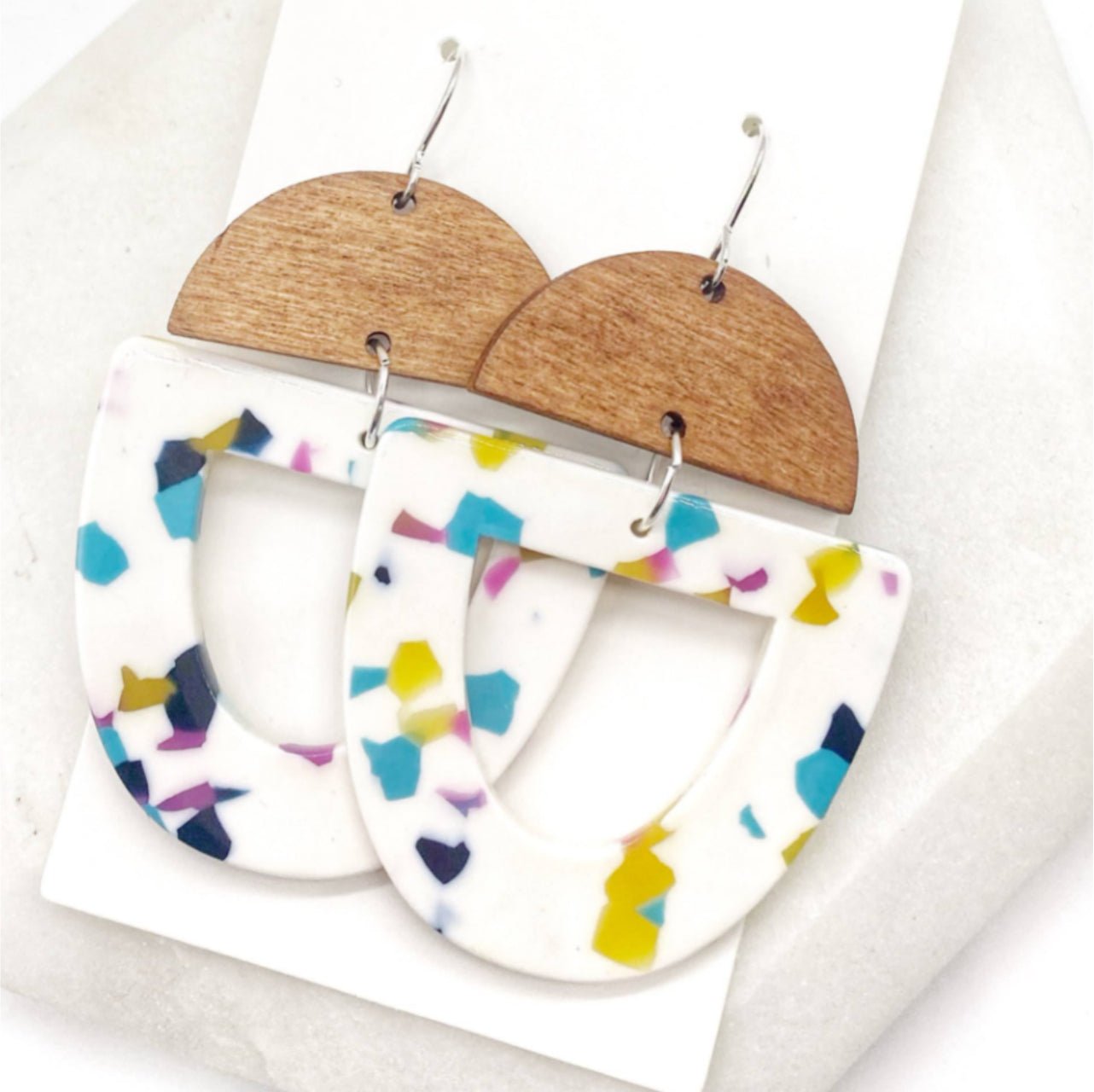 Retro Acrylic And Wood Deco Drop Earrings - The Graphic Tee