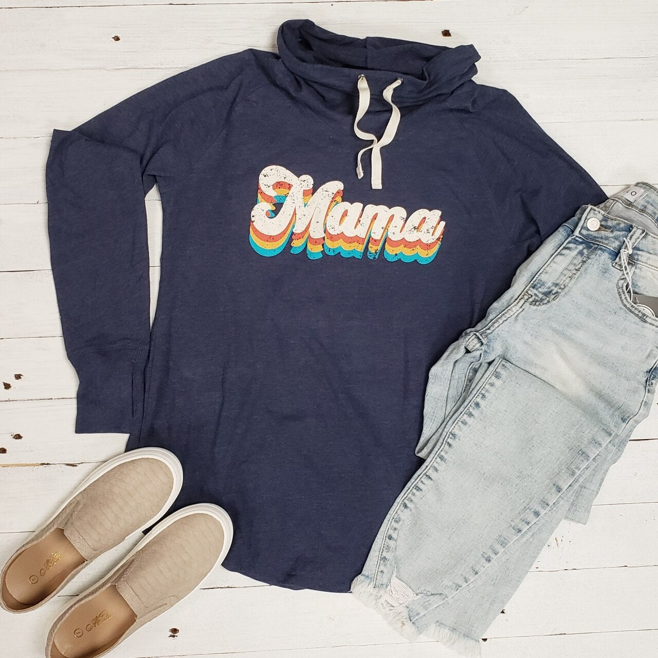 Retro Mama New Era Ladies Sueded Cotton Blend Cowl Neck - Long Sleeve Tee - The Graphic Tee