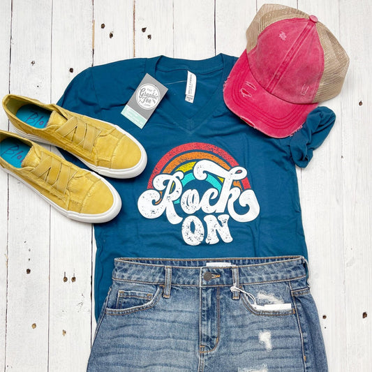 Rock On Deep Teal Short Sleeve V-Neck Tee - The Graphic Tee