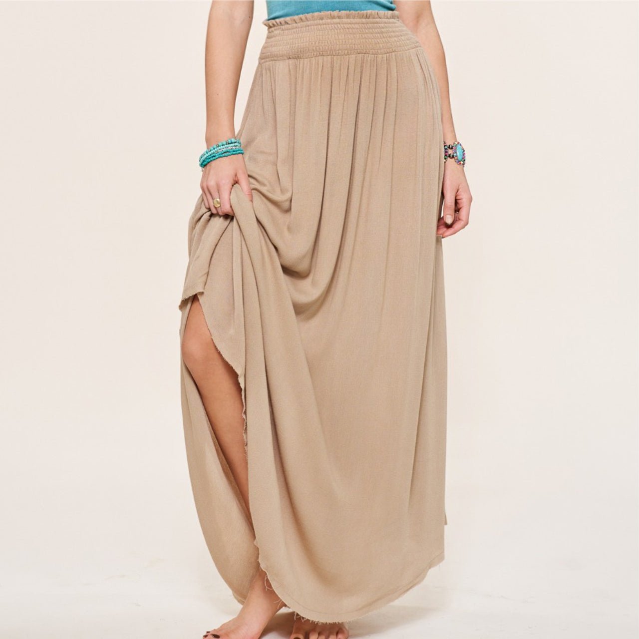 Sari Maxi Skirt With High Rise Smoked Waistband With Raw Edge Hem - The Graphic Tee