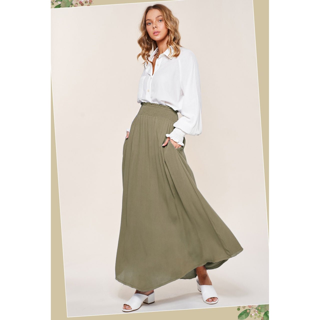 Sari Maxi Skirt With High Rise Smoked Waistband With Raw Edge Hem - The Graphic Tee
