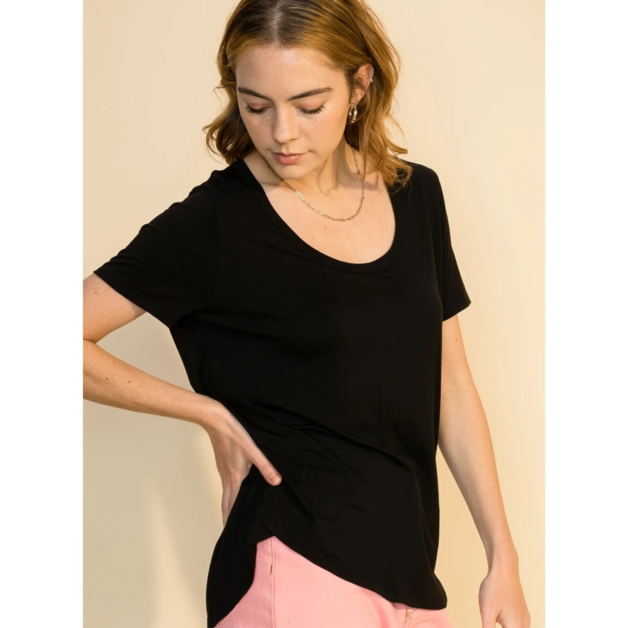 Scoop Neck Basic Tee with Back Seam Detail - The Graphic Tee