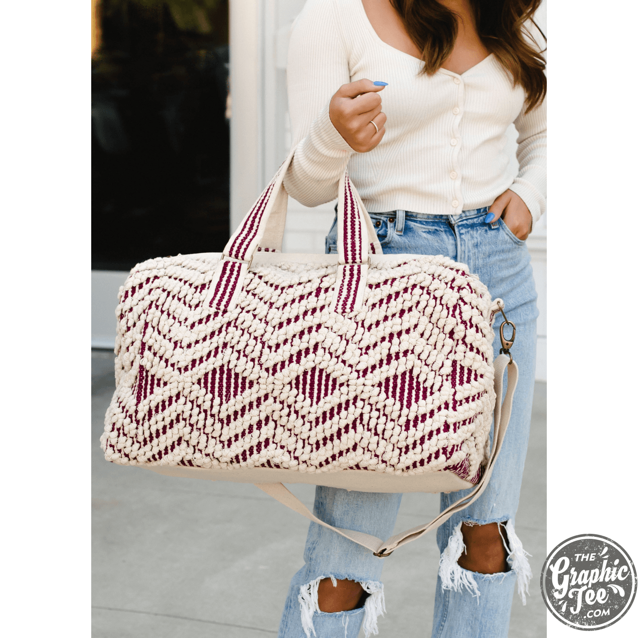 Serena Woven Burgundy and Cream Duffle Bag – The Graphic Tee