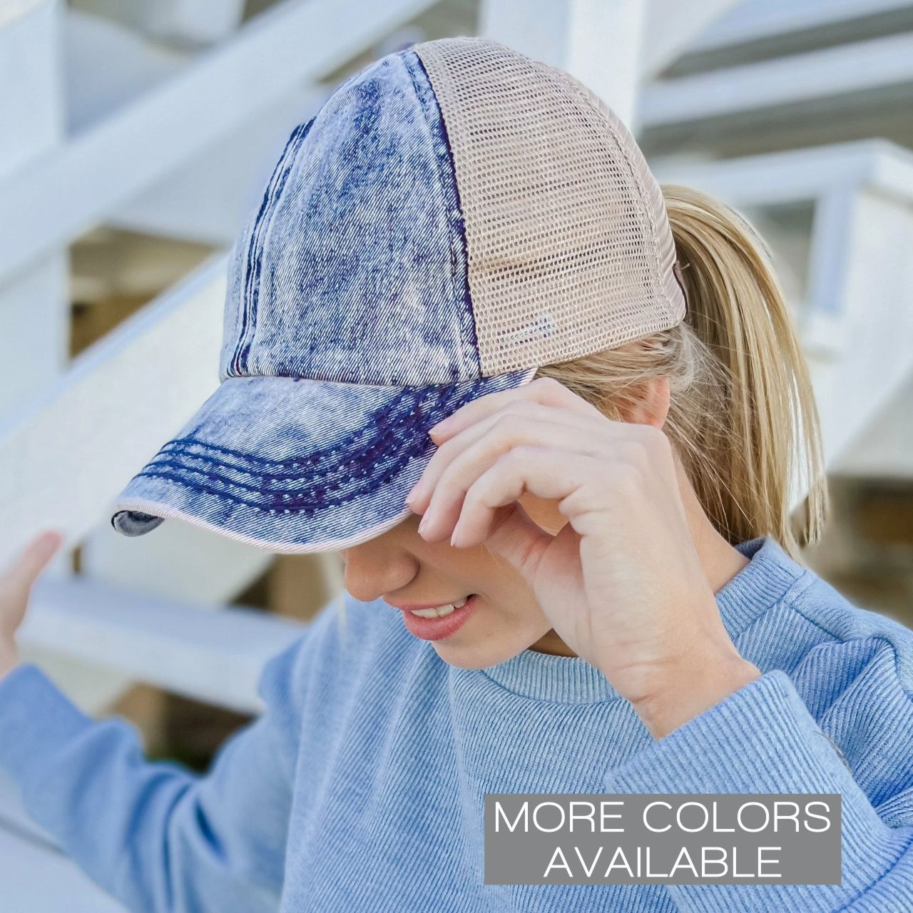 Stonewashed Denim Mesh Criss Cross High Pony C.C Ball Cap - The Graphic Tee