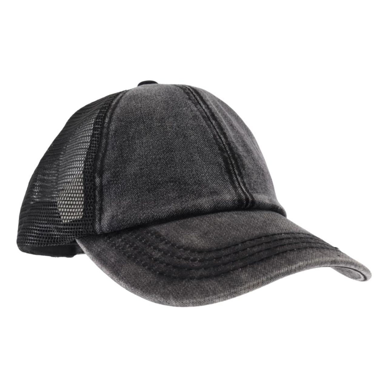 Stonewashed Denim Mesh Criss Cross High Pony C.C Ball Cap - The Graphic Tee