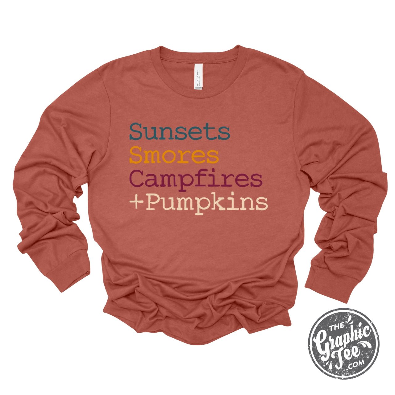 Sunsets, Smores, Campfires + Pumpkins Long Sleeve Tee - The Graphic Tee