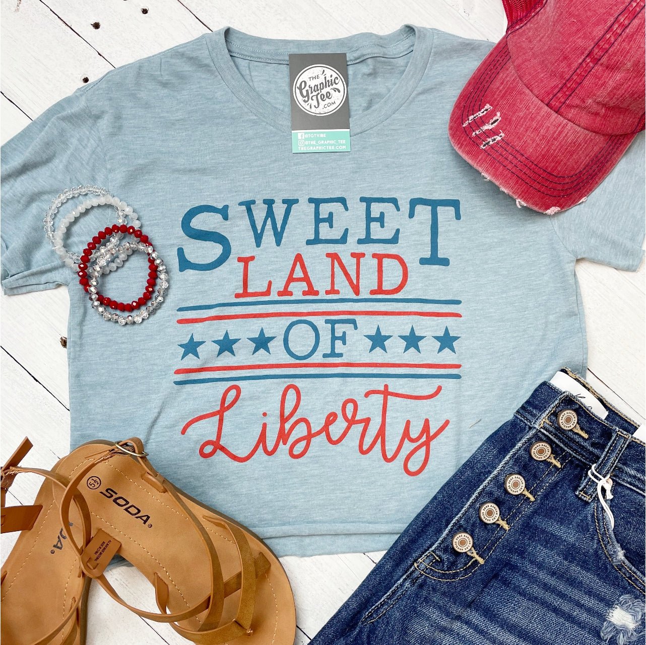 Sweet Land Of Liberty Stonewash Denim Ladies Crop Tee - The Graphic Tee