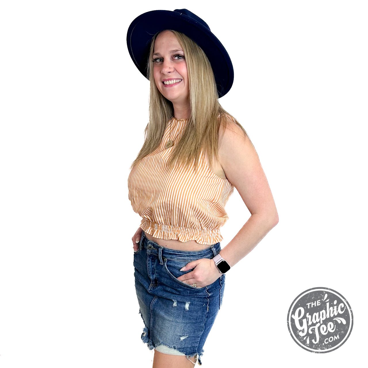 Tiana Tangerine Woven Cotton Stripe Halter Neck Sleeveless Crop Top With Lining - The Graphic Tee