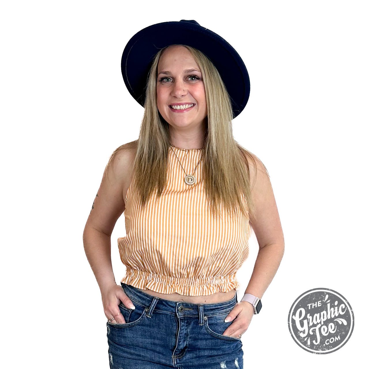 Tiana Tangerine Woven Cotton Stripe Halter Neck Sleeveless Crop Top With Lining - The Graphic Tee