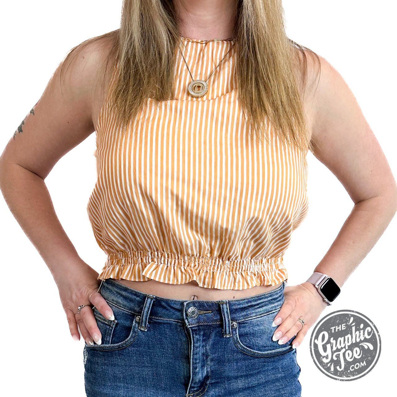 Tiana Tangerine Woven Cotton Stripe Halter Neck Sleeveless Crop Top With Lining - The Graphic Tee