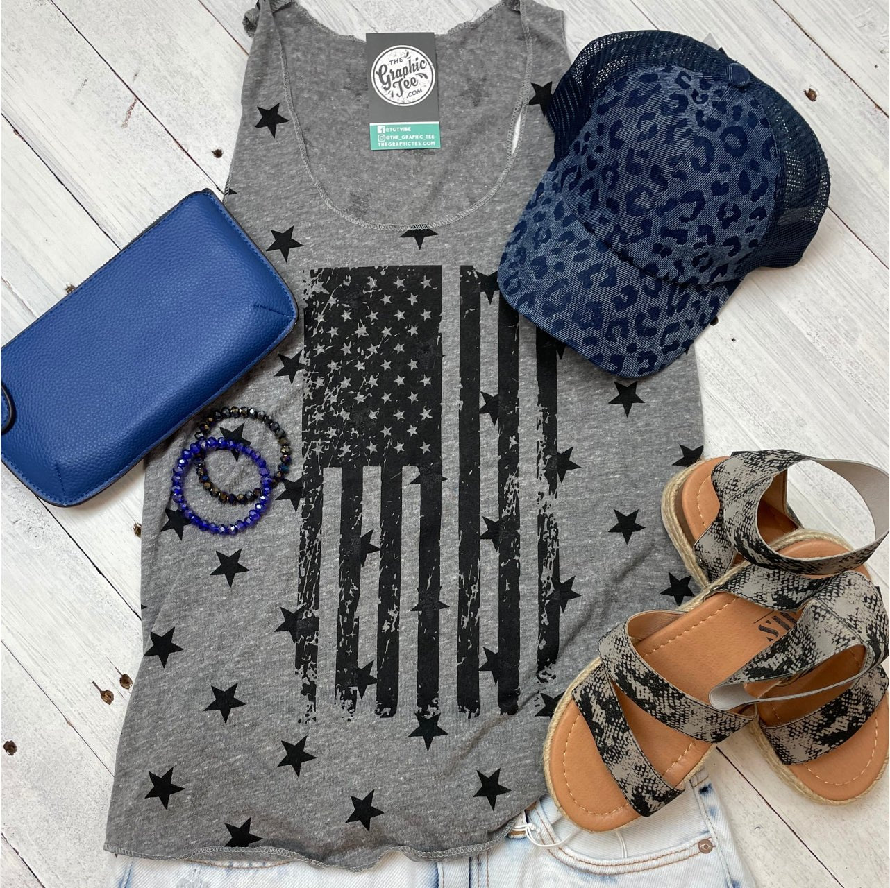 USA Flag Black Ladies Star Racer Back Tank - The Graphic Tee